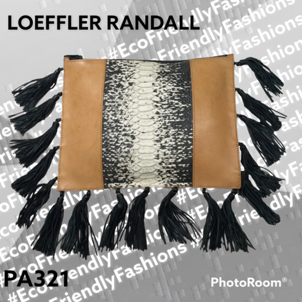 LOEFFLER RANDALL Brown and Snake Print Leather Zip Pouch Clutch with Fringes